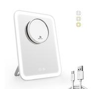EMKE Specchio cosmetico con illuminazione, 3 colori chiari e 1/3 x specchio ingranditore con luce a 180° girevole USB ricaricabile, specchio per trucco con ingrandimento (bianco)