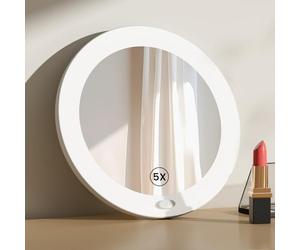 EMKE Specchio cosmetico con illuminazione a LED con ingrandimento 5x, con ventosa, 165 mm di diametro, portatile, funzionamento a batteria
