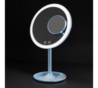 EMKE® Specchio cosmetico con illuminazione, blu chiaro, 1 X / 3 X LED, girevole a 90° con 3 colori di luce, dimmerabile, ricaricabile USB, specchio da tavolo per trucchi e rasatura
