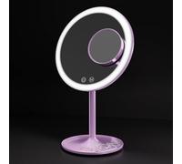 EMKE® Specchio cosmetico viola con illuminazione, 3 colori di luce, dimmerabile, 1 X / 3 X specchio cosmetico illuminato, girevole a 90° + LED ricaricabile USB, specchio da tavolo Macaron per trucco e