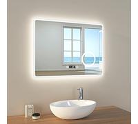 EMKE Specchio da bagno a LED, 90 x 70 cm, con illuminazione, luce bianca fredda, specchio cosmetico con illuminazione, specchio da parete con interruttore touch, antiappannamento, orologio IP44