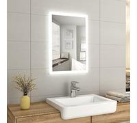 EMKE Specchio da bagno a LED da 500 x 700 mm, con fusibile, montaggio a parete, con presa per rasoio e cuscinetto antiappannamento, specchio multifunzione a risparmio energetico