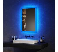 EMKE Specchio da bagno Bluetooth con presa per rasoio, 400 x 600 mm, blu, illuminato, con 3 tonalità di colore, dimmerabile, funzione memoria, antiappannante, da parete, per bagno