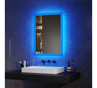 EMKE Specchio da bagno Bluetooth con presa per rasoio, 450 x 600 mm, blu, illuminato, con 3 tonalità di colore, dimmerabile, funzione memoria, antiappannante, da parete, per bagno