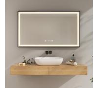 EMKE Specchio da bagno con illuminazione 120x70 cm, specchio da bagno nero con touch, dimmerabile, antiappannamento, orologio, funzione memoria e luce neutra 4300K, specchio da parete