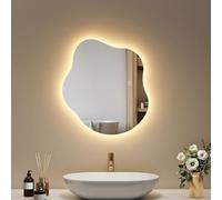 EMKE Specchio da bagno con illuminazione, 50 x 45 cm, Anti-Appannamento, Specchio LED asimmetrico con tasto touch, 3 colori di luce regolabili, Risparmio energetico LED, Funzione memoria
