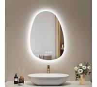 EMKE Specchio da bagno con illuminazione, 65 x 45 cm, asimmetrico con touch, 3 colori di luce, dimmerabile, senza appannamento, specchio da bagno con illuminazione IP44, risparmio energetico