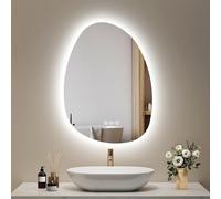 EMKE Specchio da bagno con illuminazione, 75 x 55 cm, specchio asimmetrico con touch, 3 colori di luce, dimmerabile, senza appannamento, specchio da bagno con illuminazione IP44, risparmio energetico