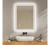 EMKE Specchio da bagno con luce LED, 80 x 60 cm, anti-appannamento, interruttore tattile, specchio da bagno bianco freddo regolabile, funzione di memoria, spegnimento automatico dopo 3 ore, specchio