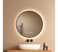 EMKE Specchio da Bagno Rotondo 60 cm, Cornice Nero Rame Spazzolato, LED Touch Dimmerabile 4300K, Antiappannamento Indipendente, Orologio/Temperatura, Memoria & Spegnimento Automatico 3h, IP44