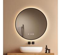EMKE Specchio da Bagno Rotondo 70 cm, Cornice Nero Rame Spazzolato, LED Touch Dimmerabile 4300K, Antiappannamento Indipendente, Orologio/Temperatura, Memoria & Spegnimento Automatico 3h, IP44