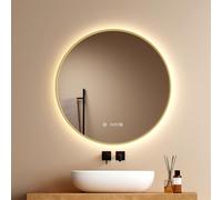 EMKE Specchio da Bagno Rotondo 70 cm, Cornice oro Rame Spazzolato, LED Touch Dimmerabile 4300K, Antiappannamento Indipendente, Orologio/Temperatura, Memoria & Spegnimento Automatico 3h, IP44