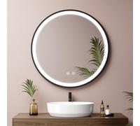 EMKE Specchio da bagno rotondo 70 cm, specchio rotondo bagno con interruttore tattile e funzione anti-appannamento, luce bianca 6500 K, telaio nero e tracolla regolabile