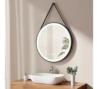 EMKE Specchio da bagno rotondo 70 cm, specchio rotondo da parete con luce, interruttore tattile e funzione anti-appannamento, 3 colori di luce variabili, cornice nera e cinturino regolabile