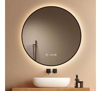 EMKE Specchio da Bagno Rotondo 80 cm, Cornice Nero Rame Spazzolato, LED Touch Dimmerabile 4300K, Antiappannamento Indipendente, Orologio/Temperatura, Memoria & Spegnimento Automatico 3h, IP44