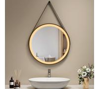 EMKE Specchio da bagno rotondo con illuminazione, 50 cm, specchio da bagno con cornice nera, luce dimmerabile a 3 colori, funzione di memoria, touch, spegnimento automatico dopo 3 ore