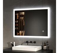 EMKE Specchio da bagno, specchio a LED, 90 x 70 cm, specchio da bagno rettangolare con interruttore tattile, anti-appannamento, luce bianca fredda