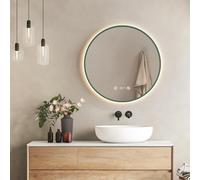 EMKE Specchio LED rotondo da bagno, ø60 cm, verde scuro, anti-appannamento, con visualizzazione dell'ora e della temperatura, luce neutra, intensità regolabile, specchio da bagno con illuminazione,