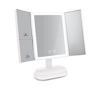 EMKE Specchio Trucco con Luci LED, Tri-Pli Specchio Trucco con Ingrandimento 1x/5x/7x, Specchio da tavolo portatile con Touch Screen, 3 Lighting Effects, Ricaricabile tramite USB, Bianco