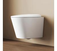 EMKE WC sospeso bianco, 490 × 365 × 360 mm, WC da parete, senza bordi, con doppio foro controcorrente e risciacquo multiforo, in ceramica, con chiusura morbida e funzione di sgancio rapido