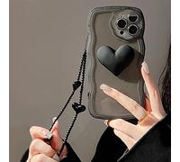 Emlivi Custodia per iPhone 14 Pro con Bracciale di Perle, Custodia per Telefono Floreale Moda Custodia Protettiva Ondulata, Custodia per Paraurti con Fragola, Custodia Morbida TPU Silicone, Cuore Nero