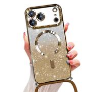 Emlivi Glitter Magnetic Case for iPhone 17 Pro Max with Cord, Compatible with MagSafe Shockproof Shiny Glitter Cover Case Trasparente Protective Case with Camera Lens Protector TPU Bumper, Dorato