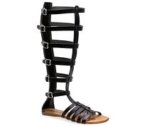 Emmanuela Ancient Greco Gliadiiatori fatti a mano Sandali in pelle, Sandali al ginocchio Alto con cerniera posteriore sull'albero, scarpe estive piane con cinghie per le donne, nero, 36 EU