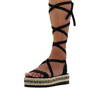Emmanuela Sandali alti al polpaccio in paglia, sandali fatti a mano con legatura gladiatore, scarpe estive con cinturino, sandali con lacci piatti con pizzo aperto, Nero, 40 EU