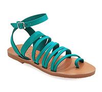 Emmanuela sandali antichi, sandali piatti in pelle fatti a mano di alta qualità, sandali piatti, sandali regolabili con cinturino, scarpe da estate boho chic caviglia, Turchese, 39 EU