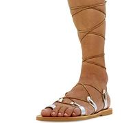 Emmanuela Sandali di cuoio in vitello in stile antico in stile greco antico, gladiatore fatti a mano, scarpe di alta qualità, Boho Chic Toe Anello Sandali in pizzo, argento, 36 EU
