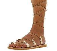 Emmanuela Sandali di cuoio in vitello in stile antico in stile greco antico, gladiatore fatti a mano, scarpe di alta qualità, Boho Chic Toe Anello Sandali in pizzo, Oro rosa, 36 EU