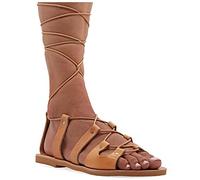 Emmanuela Sandali gladiatori greci antichi, sandali in pelle piatta a mano con dita aperta e lacci, scarpe estive di alta qualità per legare per le donne, beige, 38 EU