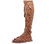 Emmanuela Sandali in pelle al ginocchio in stile greco antico, sandali con gladiatore piatto fatto a mano con dita aperte, scarpe estive di alta qualità per legare per le donne, beige, 37 EU