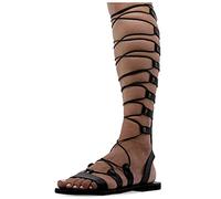 Emmanuela Sandali in pelle al ginocchio in stile greco antico, sandali con gladiatore piatto fatto a mano con dita aperte, scarpe estive di alta qualità per legare per le donne, nero, 38 EU
