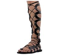 Emmanuela Sandali in pelle al ginocchio in stile greco antico, sandali con gladiatore piatto fatto a mano con dita aperte, scarpe estive di alta qualità per legare per le donne, nero, 41 EU