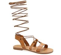 Emmanuela Sandali in pelle al ginocchio in stile greco antico, sandali con gladiatore piatto fatto a mano con dita aperte, scarpe estive di alta qualità per legare per le donne, beige, 40 EU