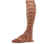 Emmanuela Sandali in pelle al ginocchio in stile greco antico, sandali con gladiatore piatto fatto a mano con dita aperte, scarpe estive di alta qualità per legare per le donne, beige, 41 EU