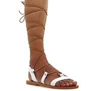Emmanuela Sandali in pelle al ginocchio in stile greco antico, sandali con gladiatore piatto fatto a mano con dita aperte, scarpe estive di alta qualità per legare per le donne, bianco, 39 EU