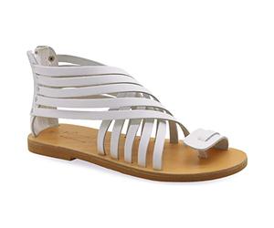 Emmanuela Sandali in pelle Gladiatore con gambi a cerniera, scarpe estive a mano greco di alta qualità, sandali piatti anello di punta, sandali boho chic, Bianco, 37 EU