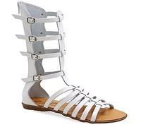 Emmanuela Sandali in pelle Gladiatore fatti a mano Antica Grecia, Sandali alti in vitello con cerniera sullo stinco, cinghia scarpe estive piatte per le donne, bianco, 36 EU