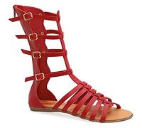 Emmanuela Sandali in pelle Gladiatore fatti a mano Antica Grecia, Sandali alti in vitello con cerniera sullo stinco, cinghia scarpe estive piatte per le donne, Rosso corallo, 40 EU