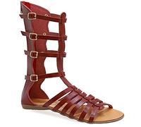 Emmanuela Sandali in pelle Gladiatore fatti a mano Antica Grecia, Sandali alti in vitello con cerniera sullo stinco, cinghia scarpe estive piatte per le donne, rosso, 38 EU