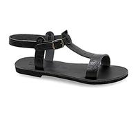 Emmanuela sandali in pelle piatta a mano greco con cintura a fibbia regolabile, scarpe estive con cinturino alla caviglia per signore, sandali a slingback con dita aperte, coccodrillo nero, 40 EU