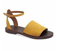 Emmanuela Sandali in stile antico greco, sandali in pelle piatta a mano di alta qualità con dita aperte, scarpe estive regolabili con cinghie di fibbia per le donne, Mostarda, 37 EU
