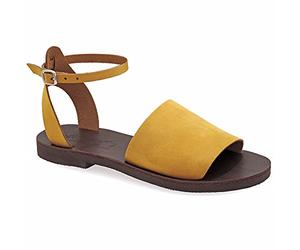Emmanuela Sandali in stile antico greco, sandali in pelle piatta a mano di alta qualità con dita aperte, scarpe estive regolabili con cinghie di fibbia per le donne, Mostarda, 36 EU