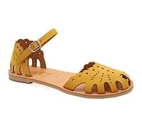 Emmanuela Sandali nell'antico stile greco, sandali in pelle piatta a mano con dita chiuse, sandali regolabili, scarpe estive con cinghie per caviglie per le donne, Mostarda, 40 EU