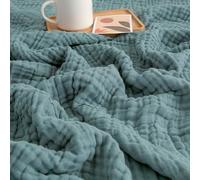 EMME, Coperta in 100% mussola di cotone, per divano, coperta in garza traspirante a 4 strati, morbida e leggera, per tutte le stagioni, in cotone prelavato (verde acqua, 140 x 190,5 cm)