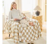 EMME Coperta in pile sherpa, soffice coperta in flanella, 200 x 230 cm, a quadri, morbida, calda e confortevole, per letto, divano, poltrone, picnic, beige
