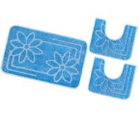 emmevi Tappeto Bagno Parure Fiori Morbido Antiscivolo Assorbente Lavabile MOD.Moorea 6 Set 3 Pezzi Azzurro