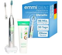 emmi-dent Spazzolino da denti a ultrasuoni metallizzato, olografico, senza strofinare con 96 milioni di vibrazioni, pulizia delicata, starter set con testine e dentifricio